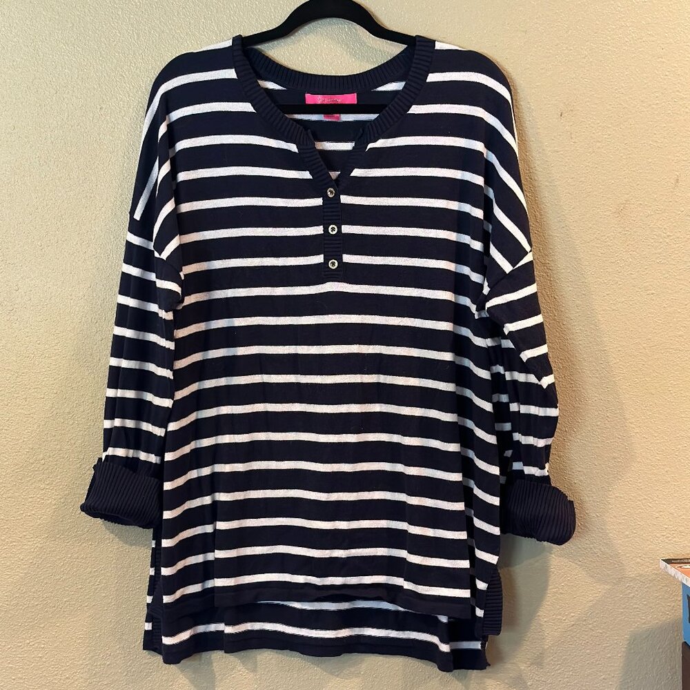 Lilly Pulitzer Faraway Sweater Navy White Stripe Gold Button Women's Size XL